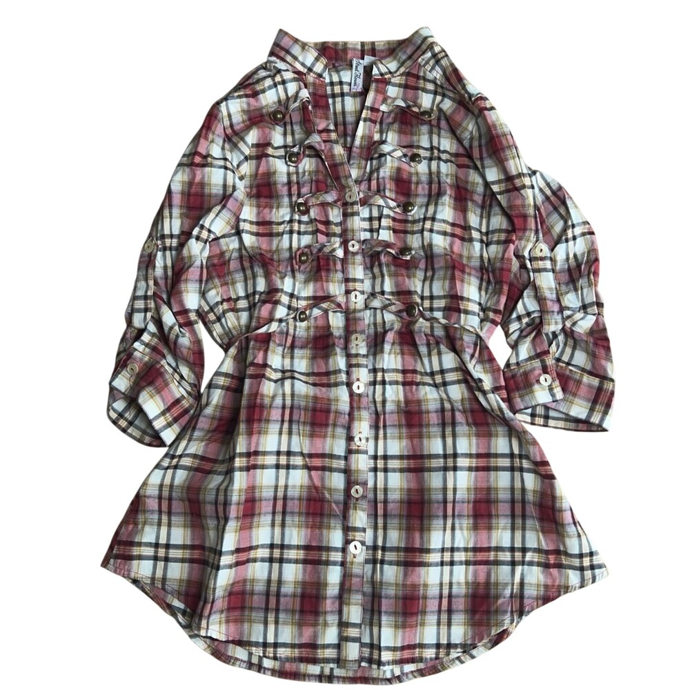 Y2K Street Flower Babydoll Button-Up Womens M Red Plaid Roll Tab Sleeve Casual